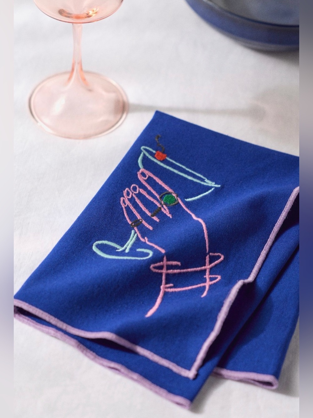 Phthalo Ruth Blue Cotton Napkins, Set of 2 Embroidered Anthropologie NWT